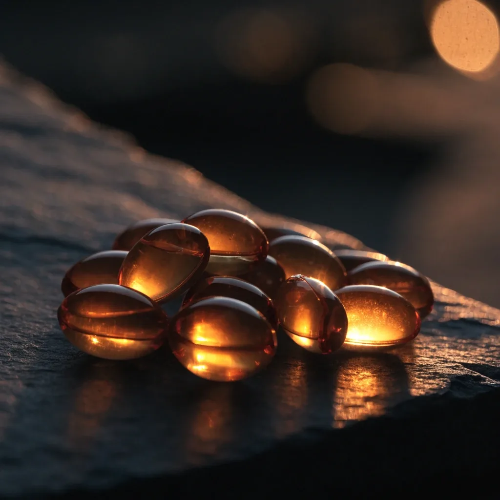 Translucent softgel capsules resting on dark matte stone, backlit so the amber glows