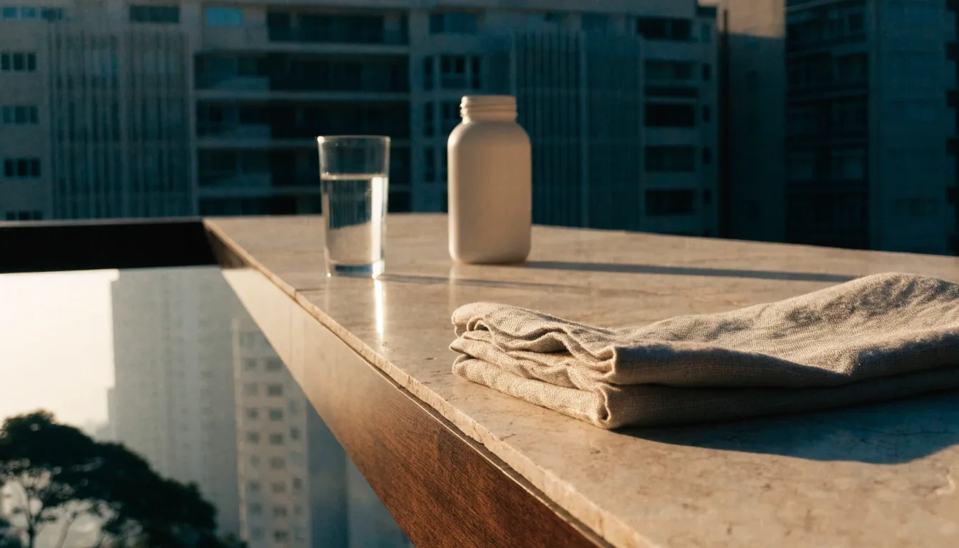 Empty terrace ledge at golden hour with a glass of water, a folded linen runner, and a plain bottle set back out of focus