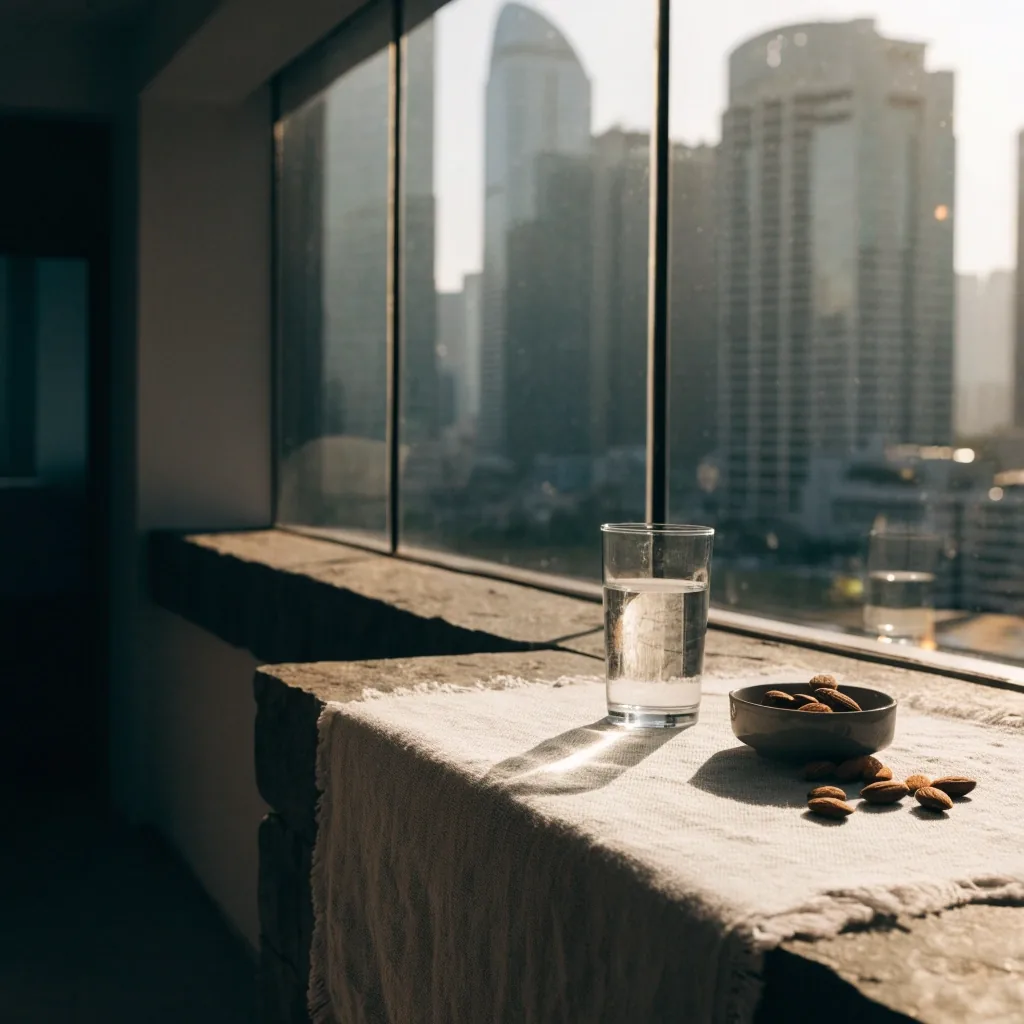 Stone terrace ledge with a linen runner and a glass of water at golden hour, the Jakarta skyline out of focus beyond
