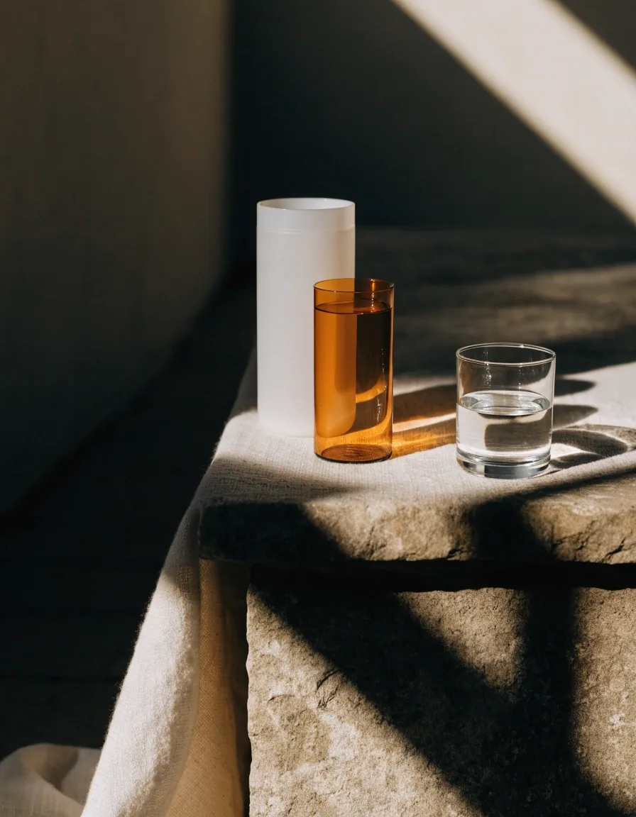 Two plain unbranded supplement vessels and a glass of water on linen, lit from the right at golden hour
