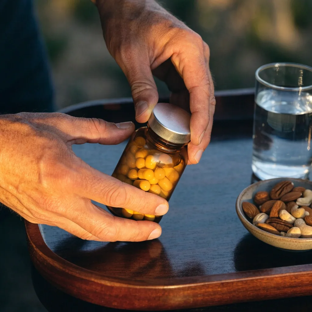 Hands turning a plain amber bottle on a wooden tray beside a glass of water and a bowl of nuts