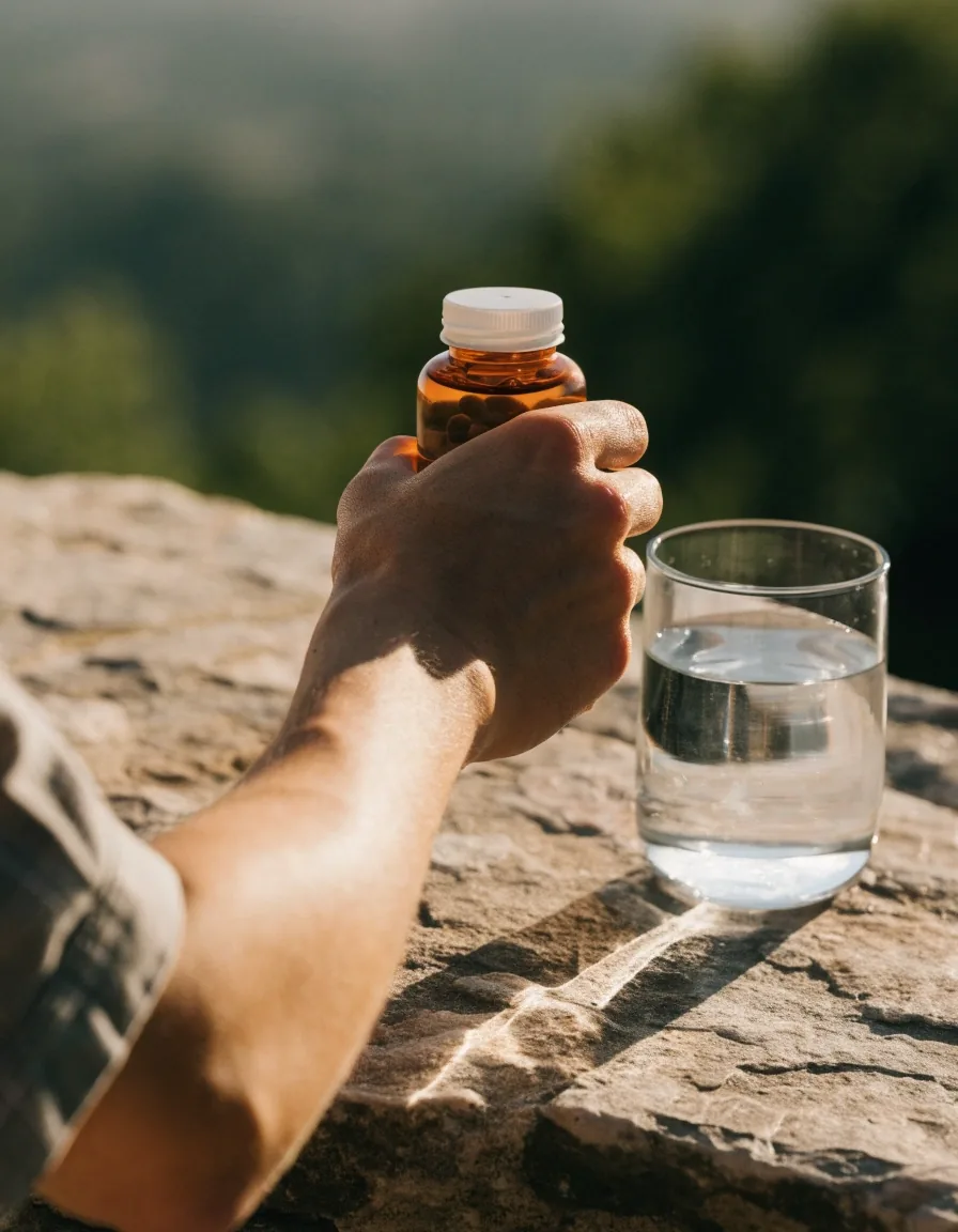 A hand turning a plain amber supplement bottle beside a glass of water on a stone ledge