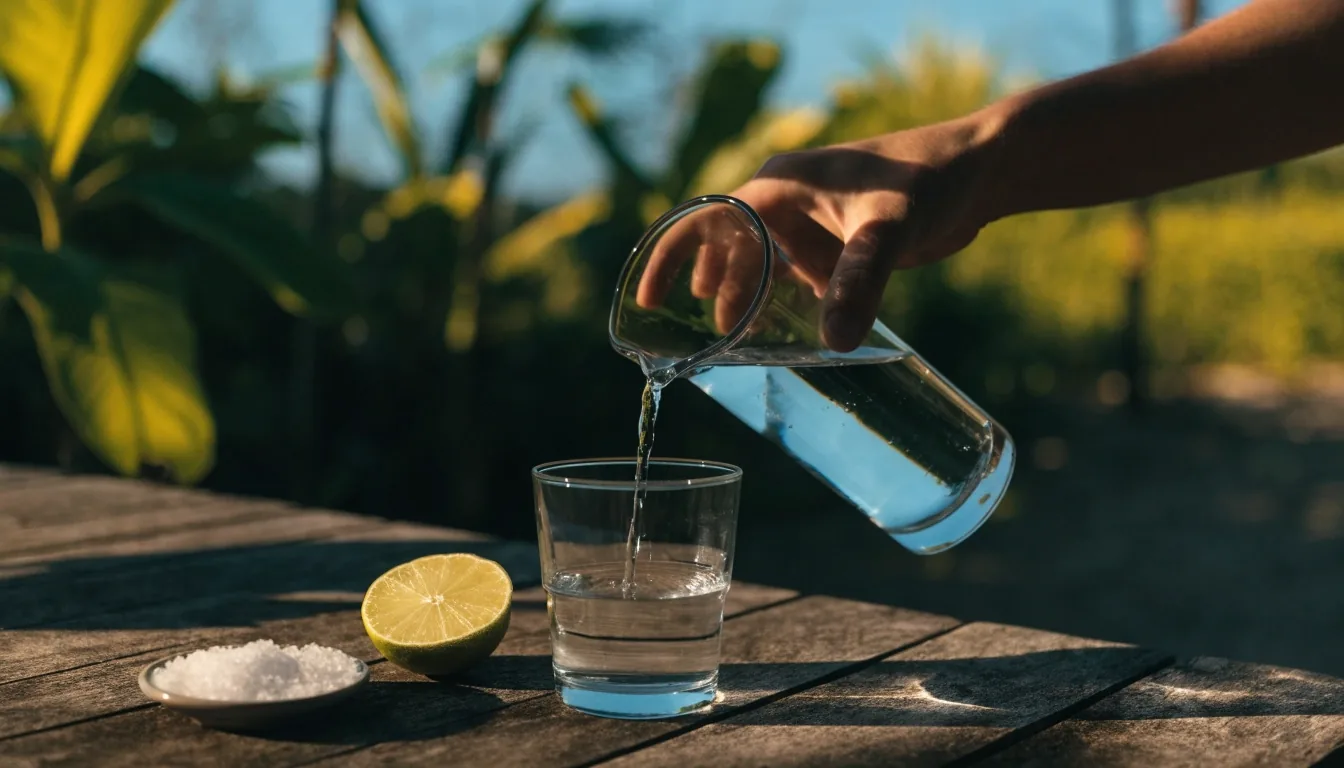 A glass of water on a sunlit stone ledge with a folded linen runner beside it