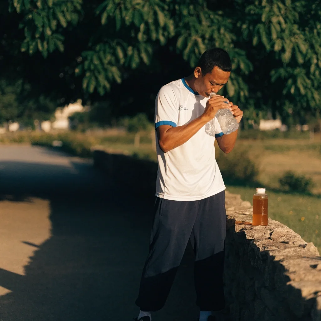 Plain amber supplement bottle and a glass of water on a stone counter in warm late daylight