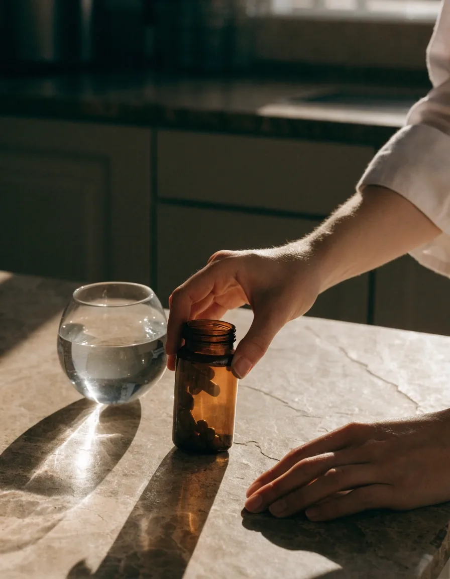 A man's hands turning a plain amber supplement bottle beside a glass of water on a stone counter