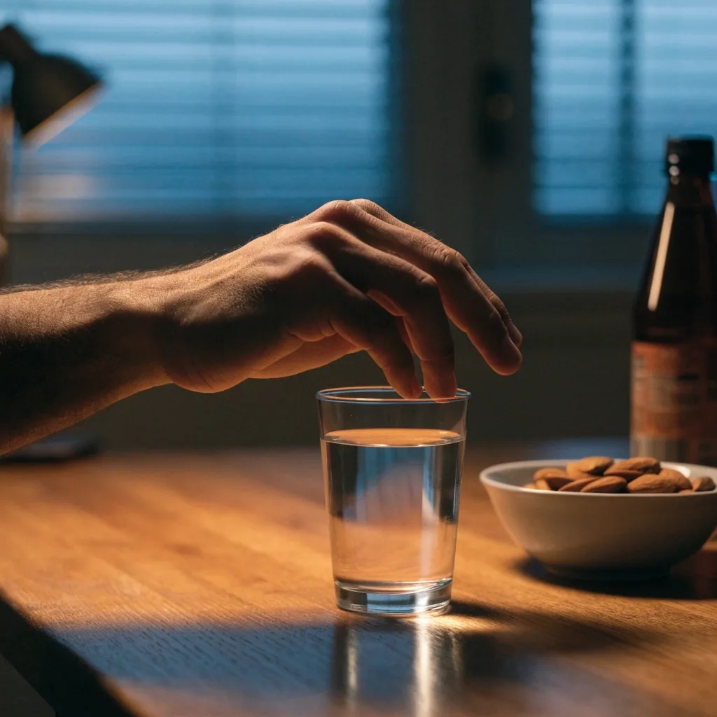 Kitchen counter at evening with a glass of water, a bowl of nuts and a plain bottle in soft focus