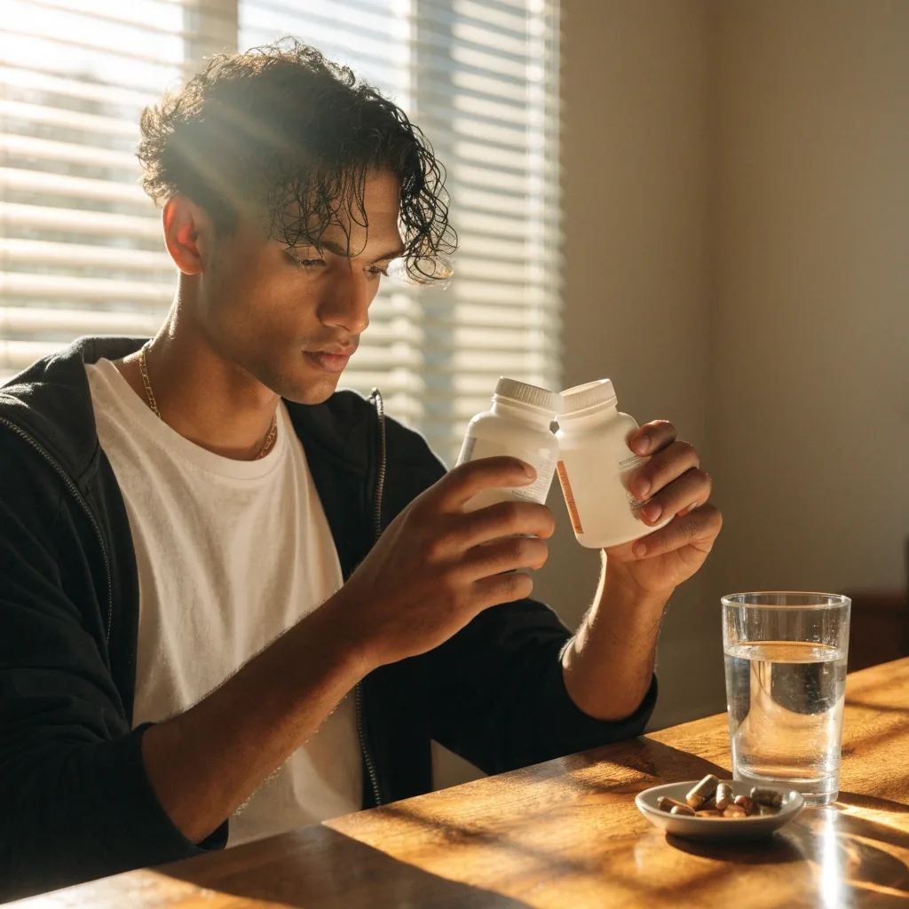 Hands sorting three plain unbranded supplement bottles on a wooden tray beside a glass of water