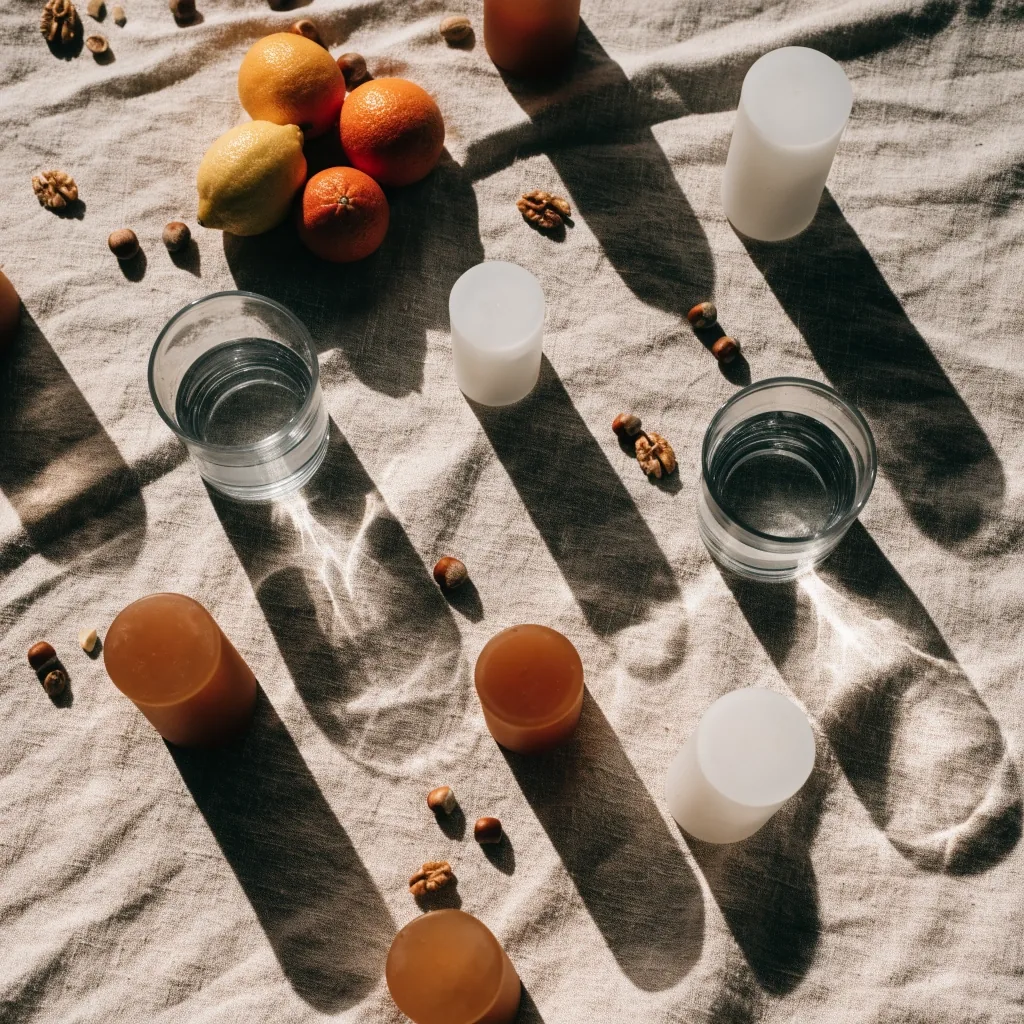 Overhead flat-lay of plain unbranded supplement vessels, water glasses, citrus and nuts on linen