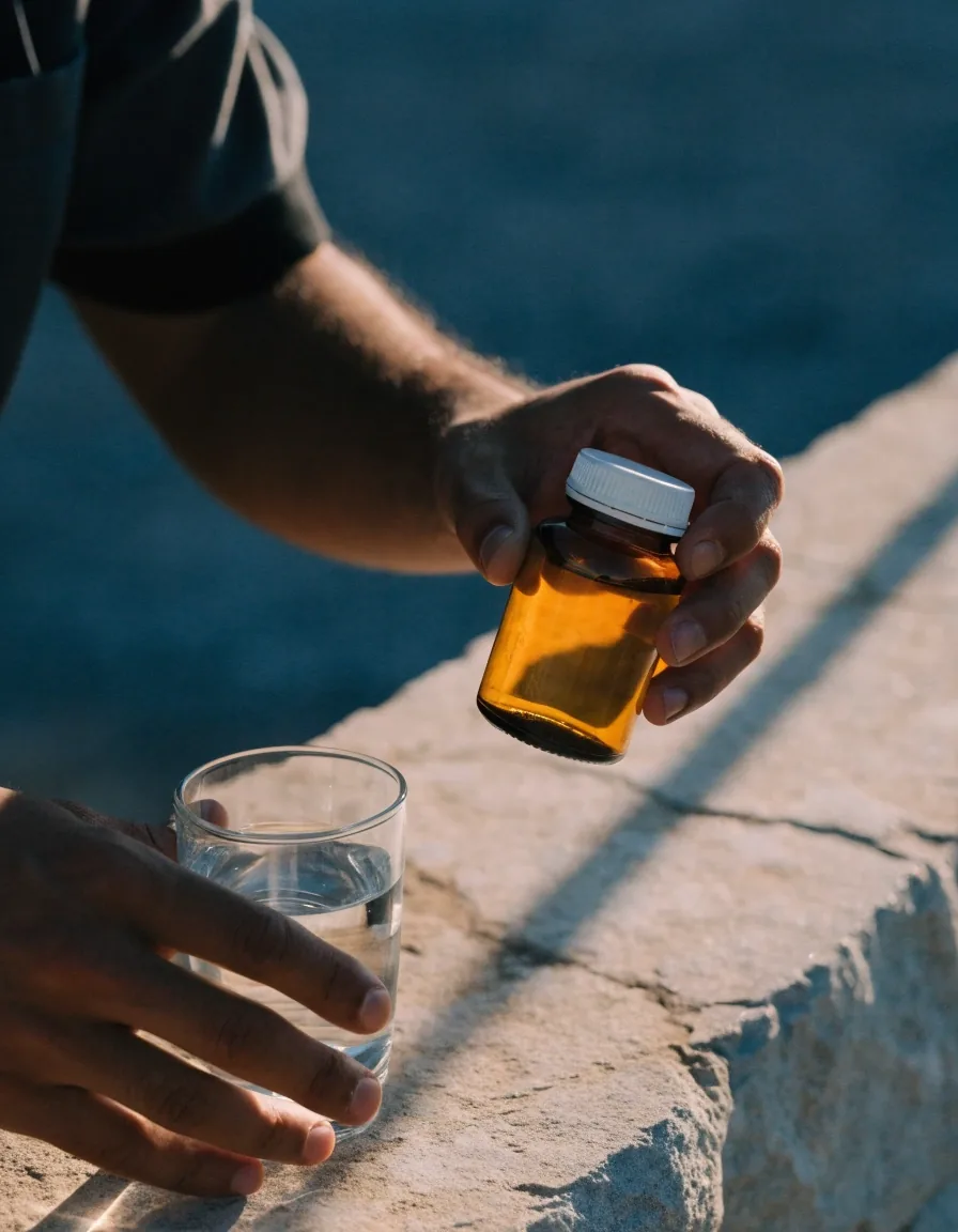A man's hand turning a plain amber supplement bottle on a stone ledge beside a glass of water