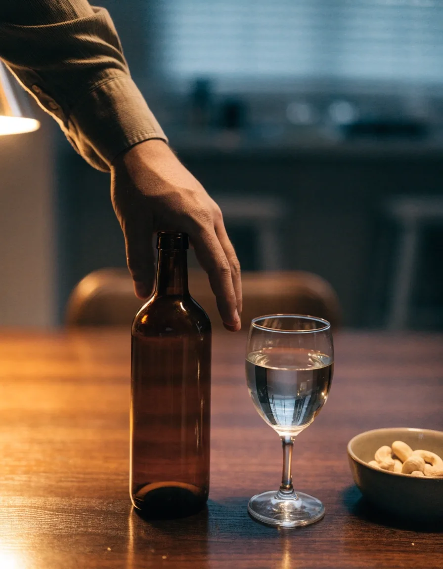 Quiet kitchen counter at dusk with a glass of water, a bowl of nuts and a soft-focus bottle