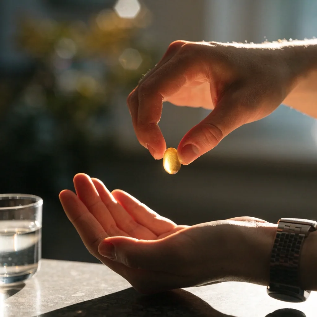 Translucent amber softgel capsules on dark stone, backlit and glowing warm
