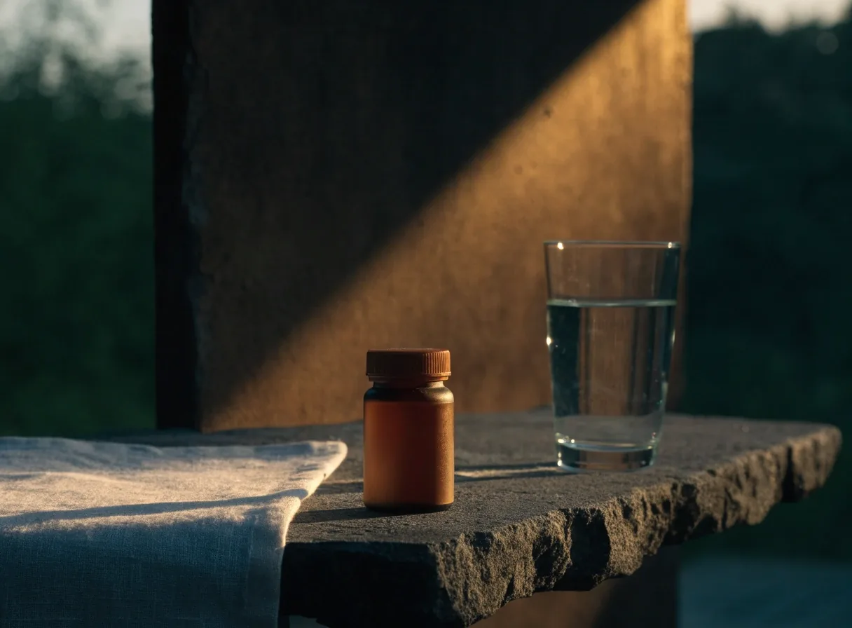 A plain unbranded amber bottle on a stone shelf in warm dusk light