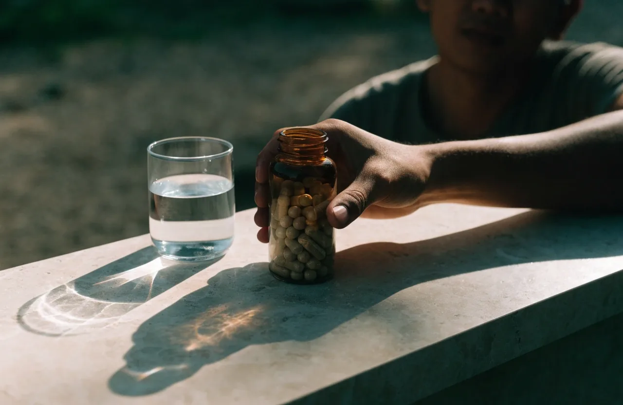 A hand turning a plain amber supplement bottle on a stone ledge beside a glass of water in warm sidelight