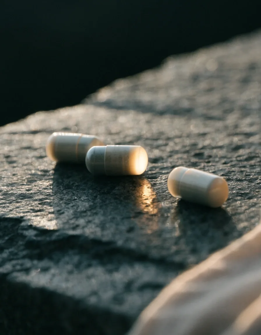 Close view of matte capsules resting on dark stone in warm sidelight