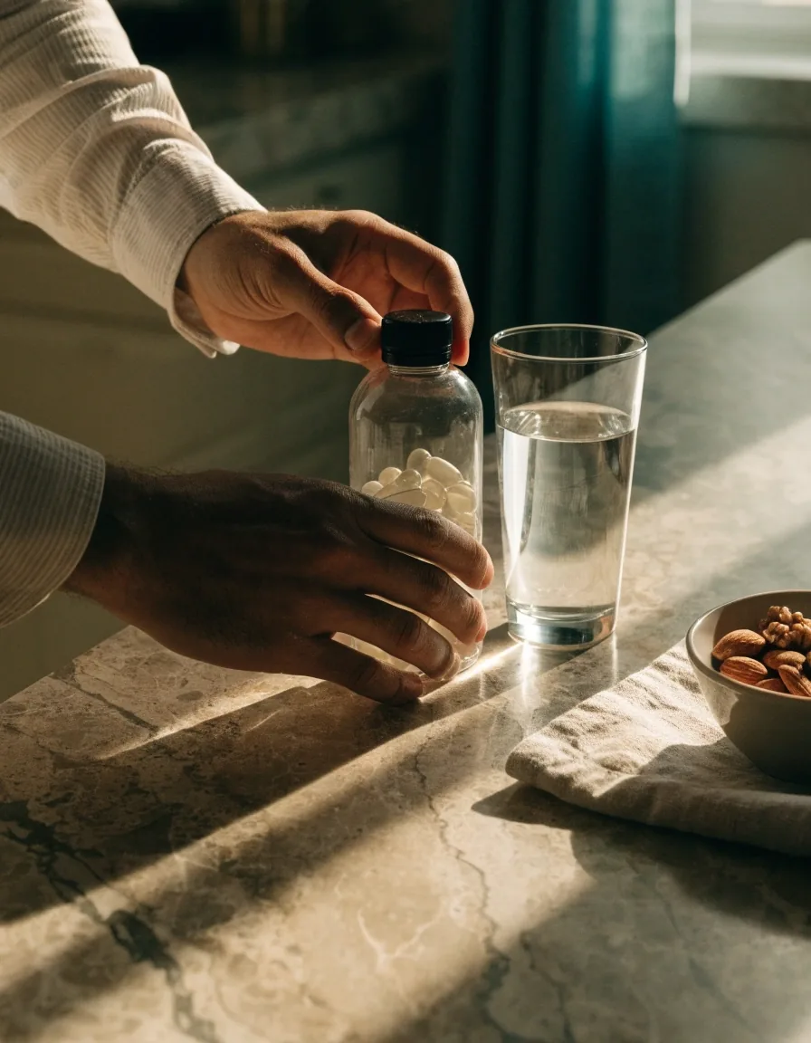 Hands placing a plain softgel bottle beside a glass of water on a kitchen counter