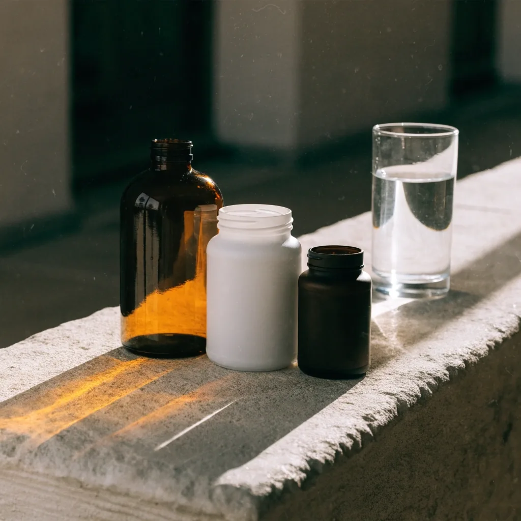 Three unbranded supplement containers of different heights on a stone ledge beside a glass of water
