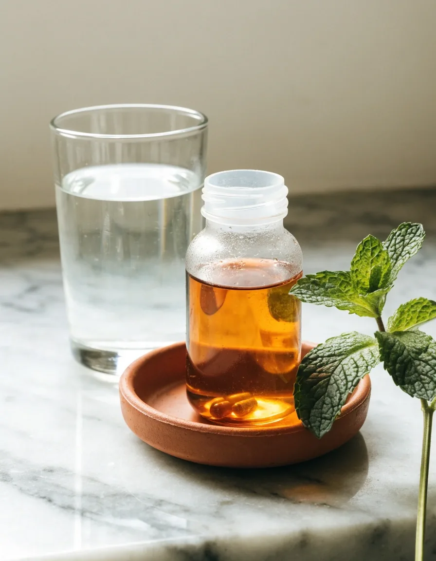 An unbranded amber bottle, a glass of water and a folded linen napkin on a stone counter in warm evening light