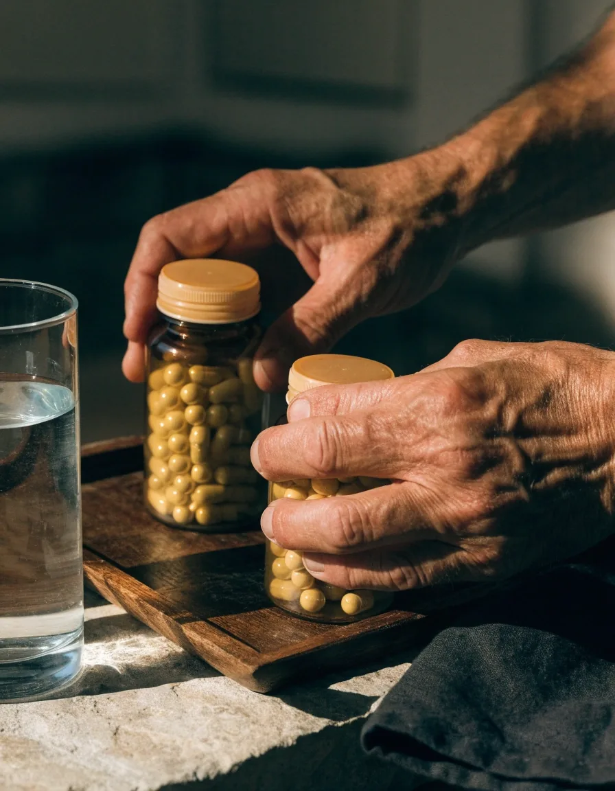 Hands turning plain unbranded supplement bottles on a wooden tray beside a glass of water
